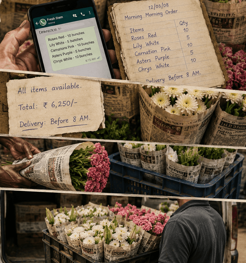 How ordering works — WhatsApp chat, handwritten order note, confirmation with total ₹6,250 and delivery before 8 AM, fresh flowers at the market