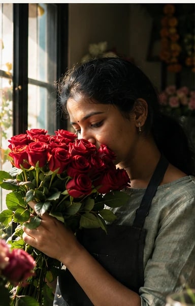 A florist holding an armful of red roses in her shop