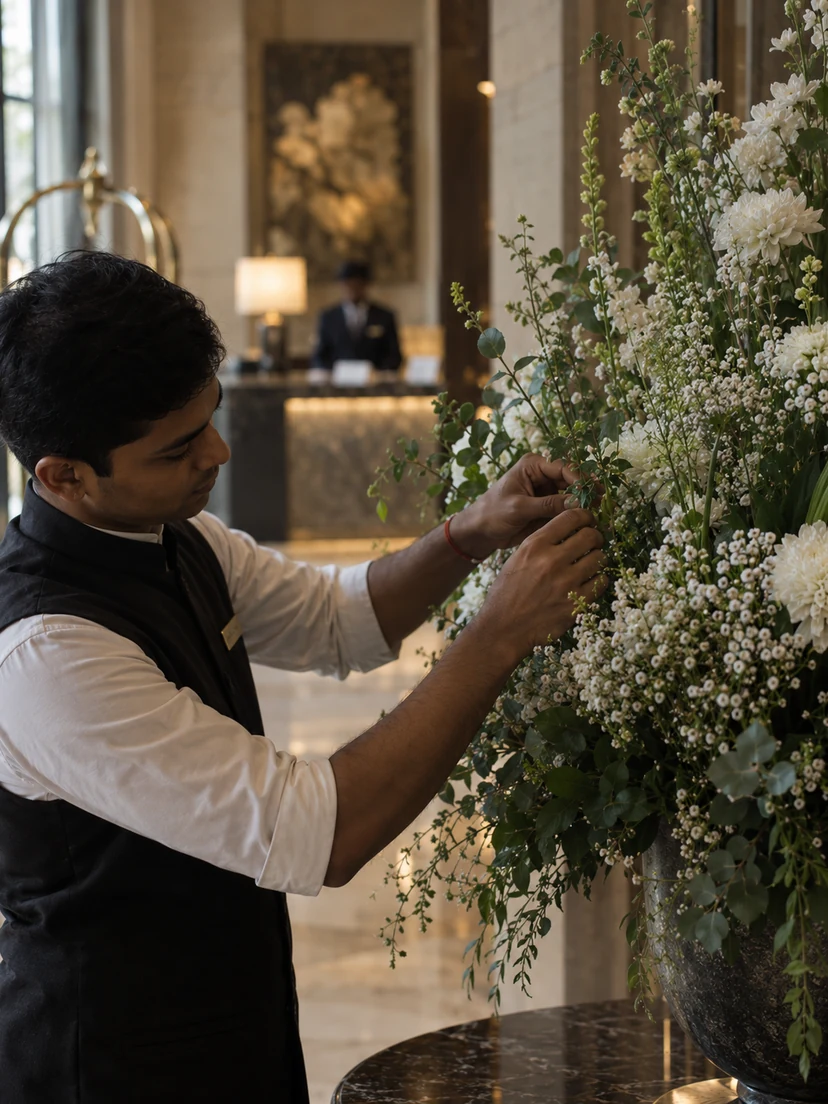 Hotel staff arranging white chrysanthemums, gypsophila and greens in a large urn in a hotel lobby, with the concierge desk behind