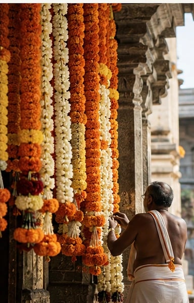 Marigold and white garlands hung at a temple