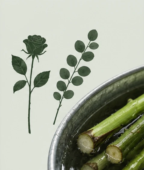 Illustration: a line-drawn rose and eucalyptus sprig beside a metal bucket of freshly cut stems standing in water, not in a chiller